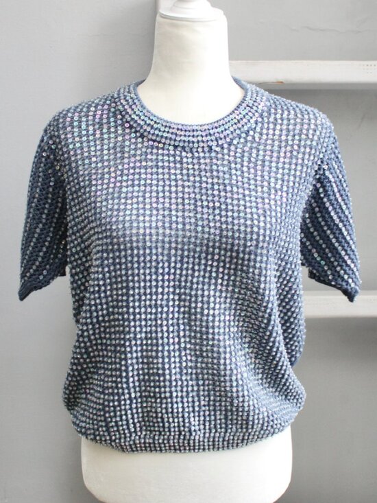 Northeast Knitters Sweaters - Northeast Knitters Blue Knit Front Sequin Short Sleeve Pullover Sweater Medium